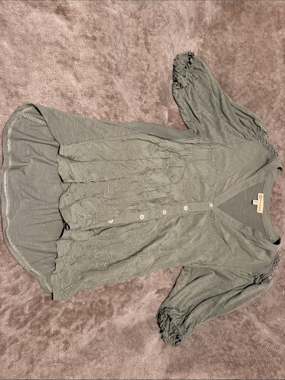 Democracy Sage Green Embroidered Button-Front Tunic